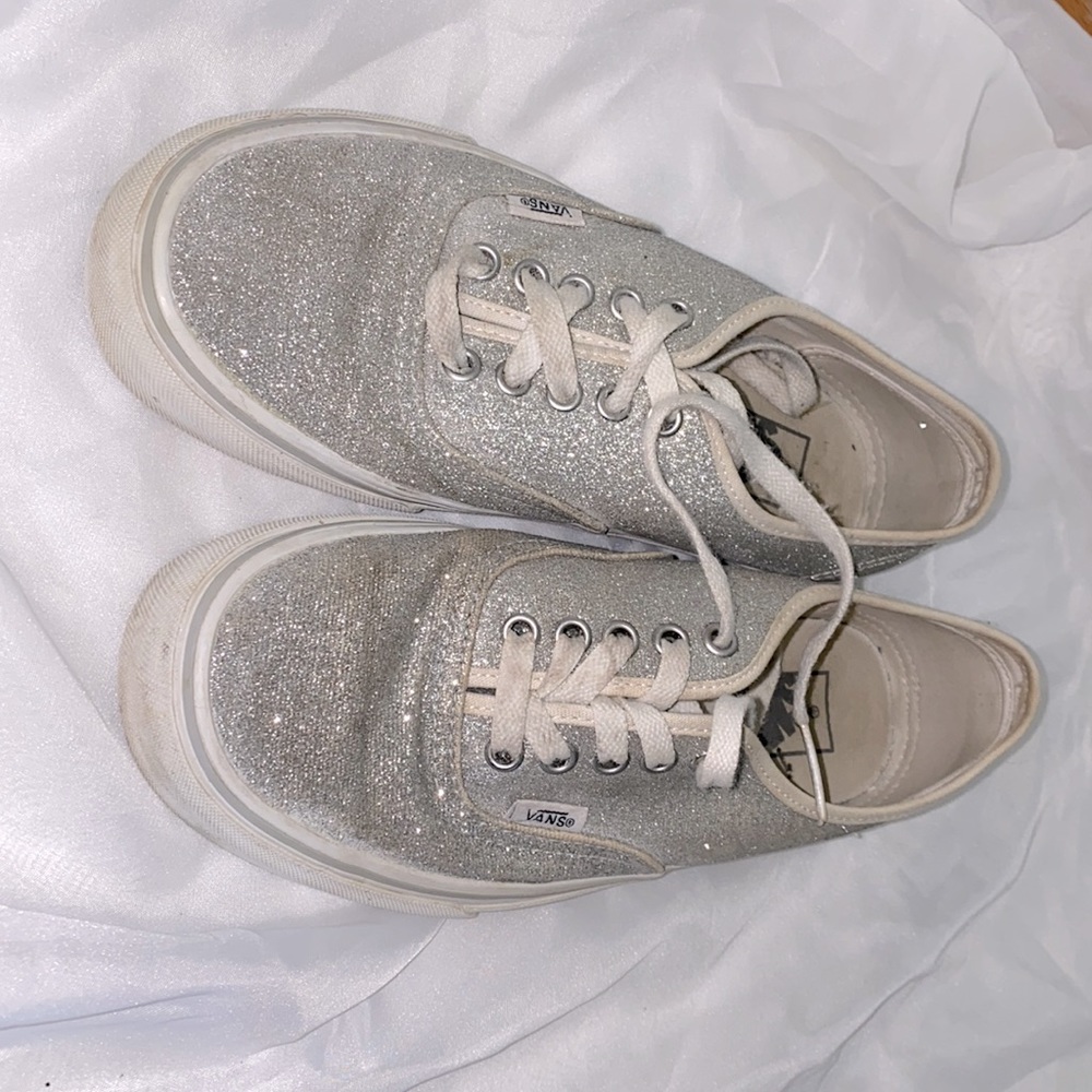8 sparkly vans prom silver glitter flashy shines white Off the wall cute good